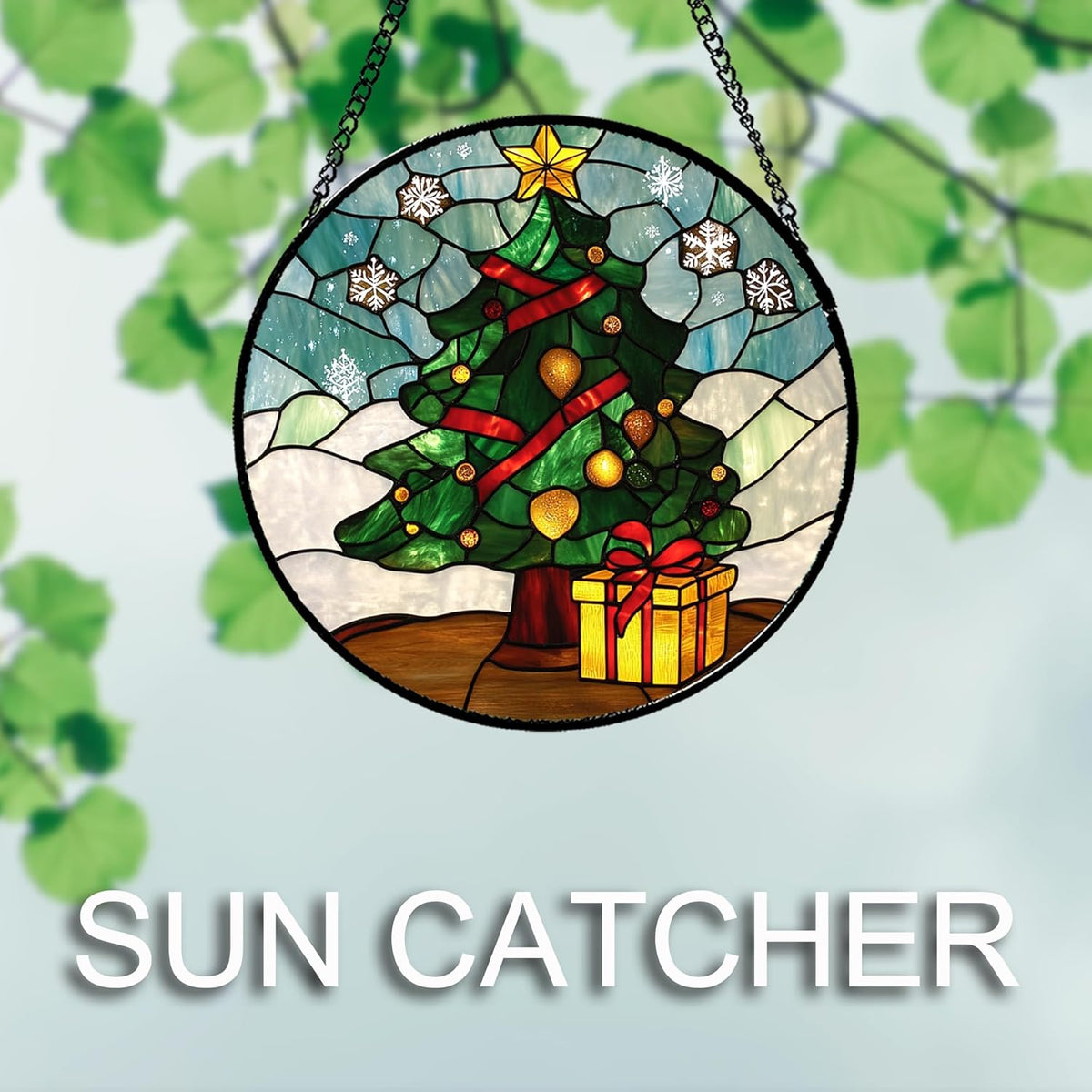 Stained Glass Window Hanging Green Christmas Tree Snowflake 7.8" - Suncatcher Door Garden Sun
