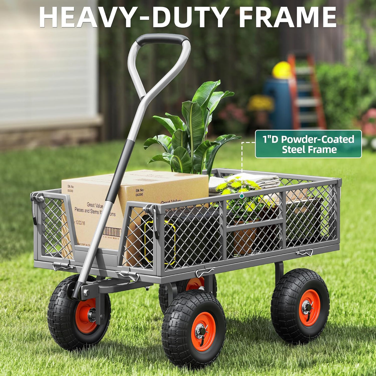 Heavy Duty 900 lbs Capacity Mesh Steel Garden Cart - 10" Pneumatic Tires, 180° Rotating Handle