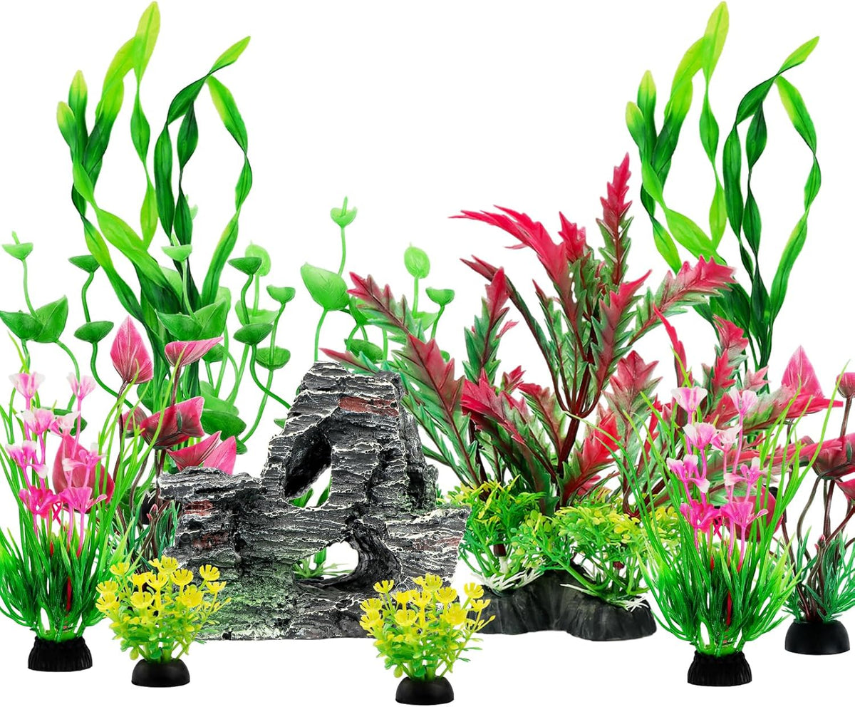 Fish Tank Accessories Aquarium Plants, 12pcs Colorful Fish Tank Artificial Plants and Cave Rock