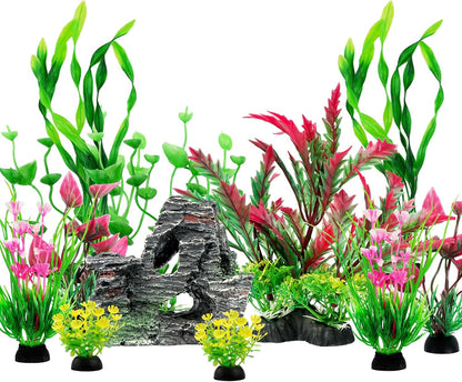 Fish Tank Accessories Aquarium Plants, 12pcs Colorful Fish Tank Artificial Plants and Cave Rock