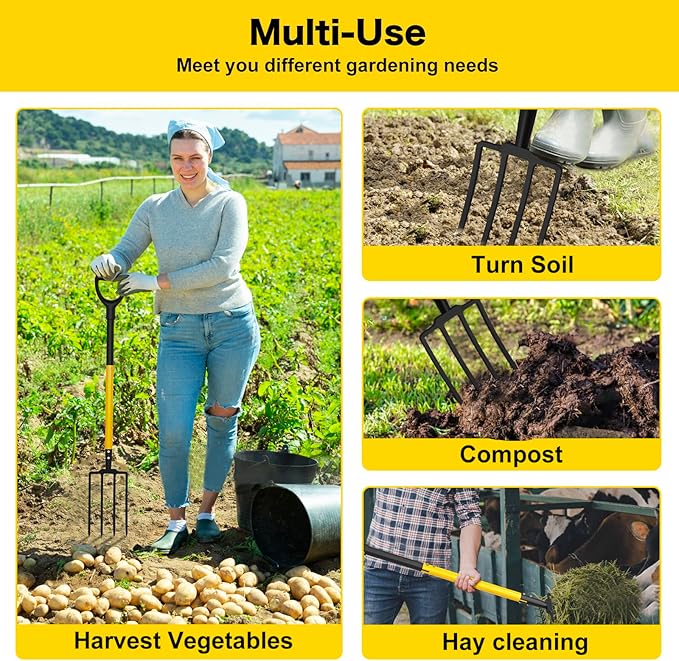 Pitch Fork, 4 Tine Heavy Duty Garden Fork with Ergonomic No-Slip D-Grip Handles, 45 Inches Long