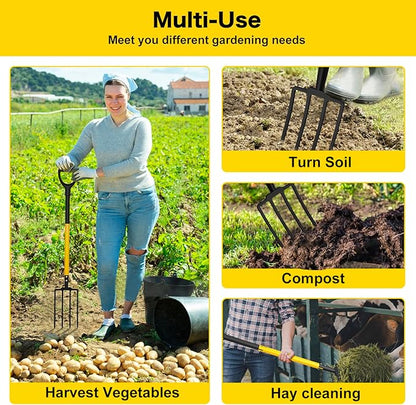 Pitch Fork, 4 Tine Heavy Duty Garden Fork with Ergonomic No-Slip D-Grip Handles, 45 Inches Long