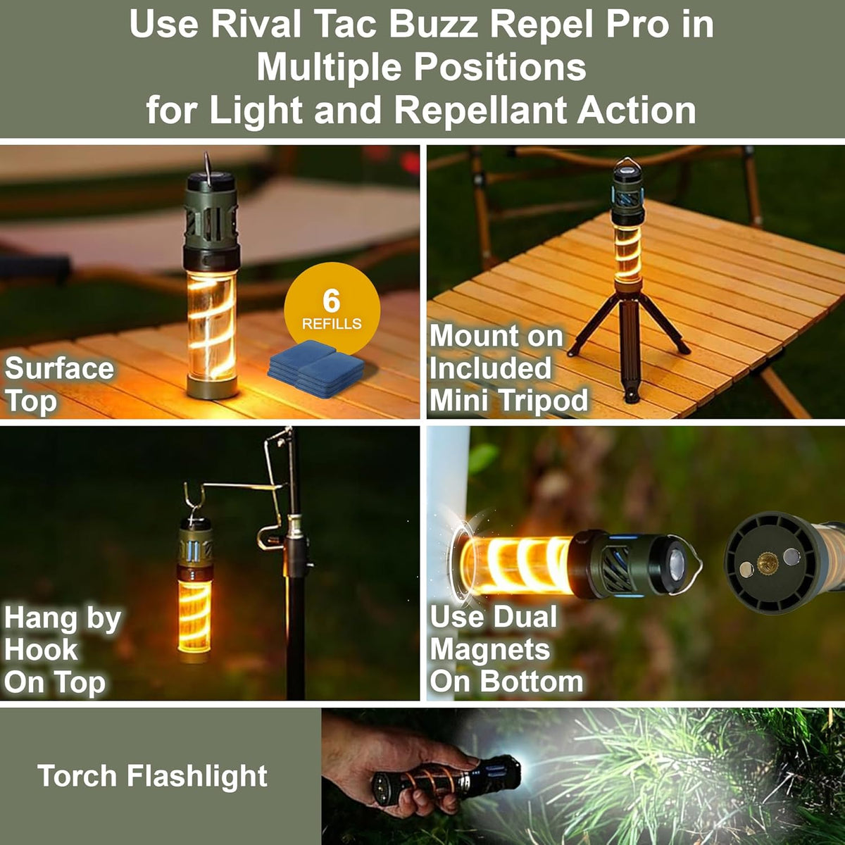 Rival Tac Buzz Repel Pro Lamp 3-in-1 Mosquito Repellent Rechargeable Flashlight, Citronella Outdoor