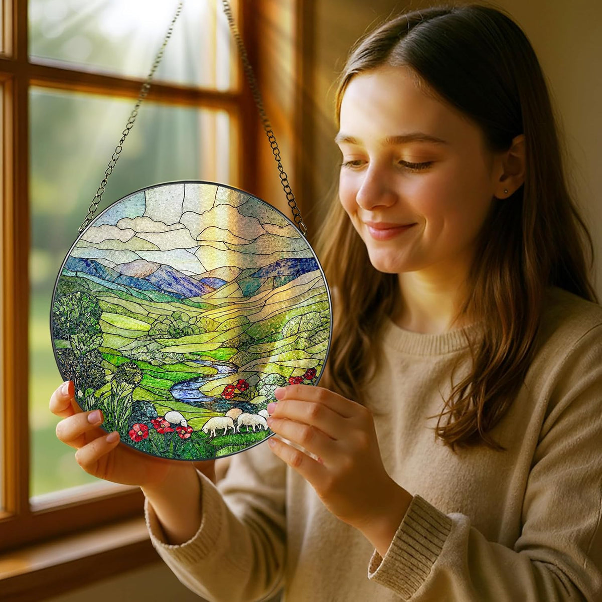 Stained Glass Window Hanging, Pauyadu 8 Inch Green Irish Hills Stained Glass Suncatcher, Window