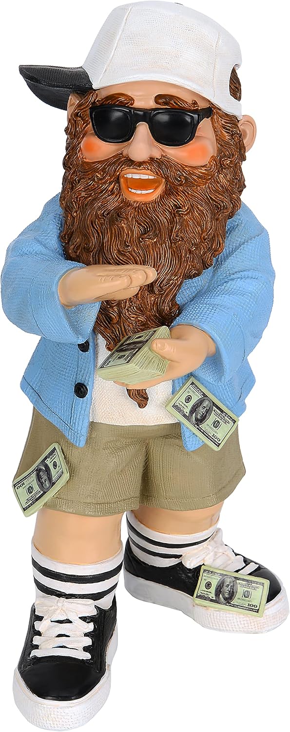 Mood Lab Garden Gnome - Lucky Rich Gnome Statue - 9.25 Inch Tall Lawn Figurine - for Outdoor or