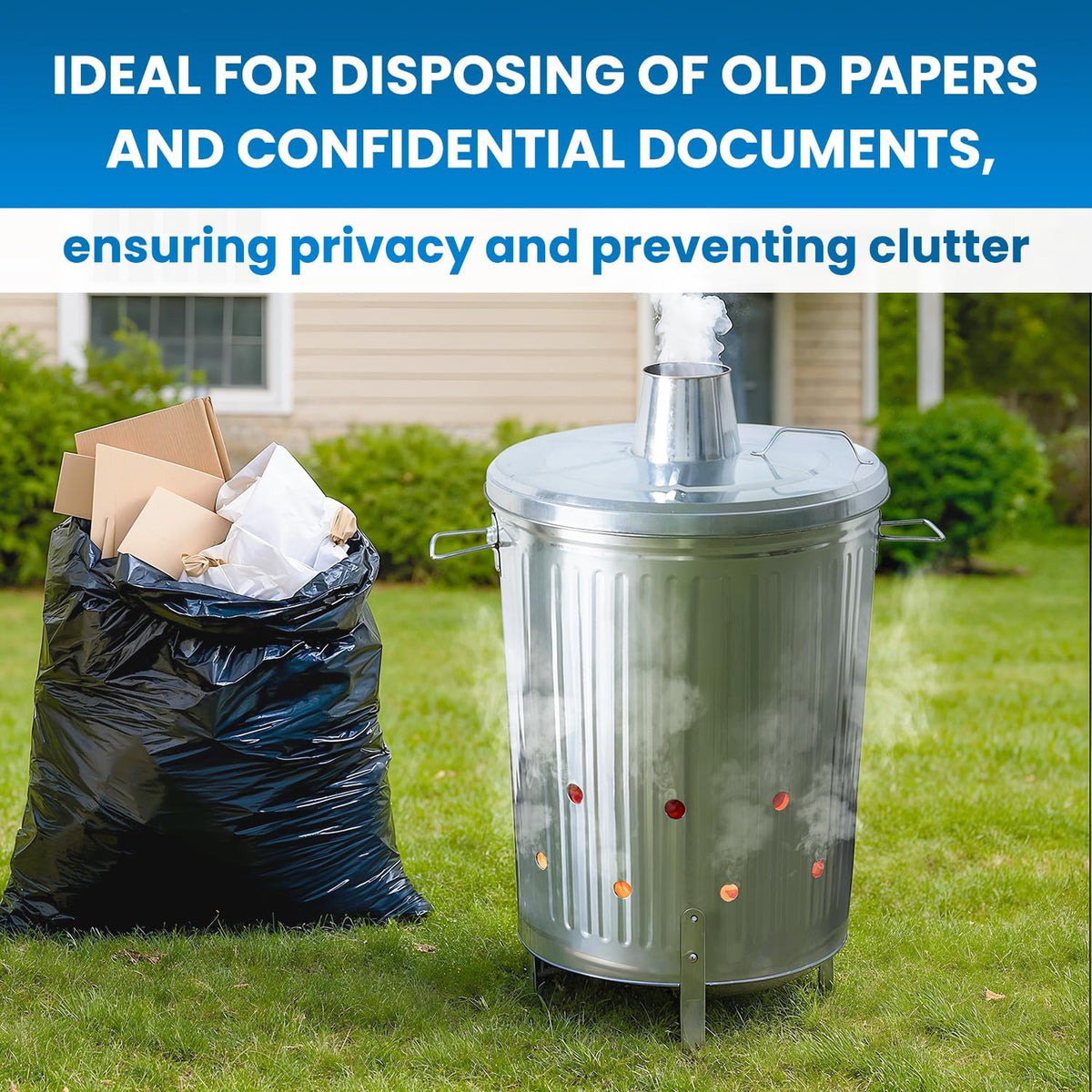 Plexon Metal Compost Bin Outdoor Burn Bin - Galvanized Trash Can with Lid Chimney and Vent Holes