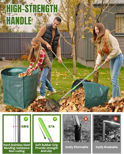 Joyhalo 65 Inch Rake for Leaves with 40 Gallon Dustpan-Typ Leaf Bags, 25 Tines Metal Leaf Rake Set
