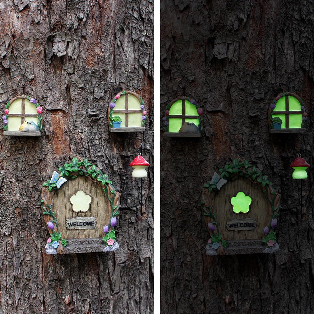 Fairy Door and Windows Garden Kit Accessories Outdoor, Glow in Dark Gnome House for Tree, Lawn Yard