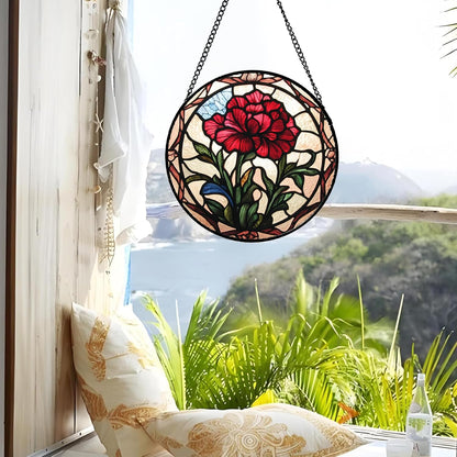 Stained Glass Window Hanging - Red Carnation Birth Flower Sun Catcher for Door Garden Home Decor