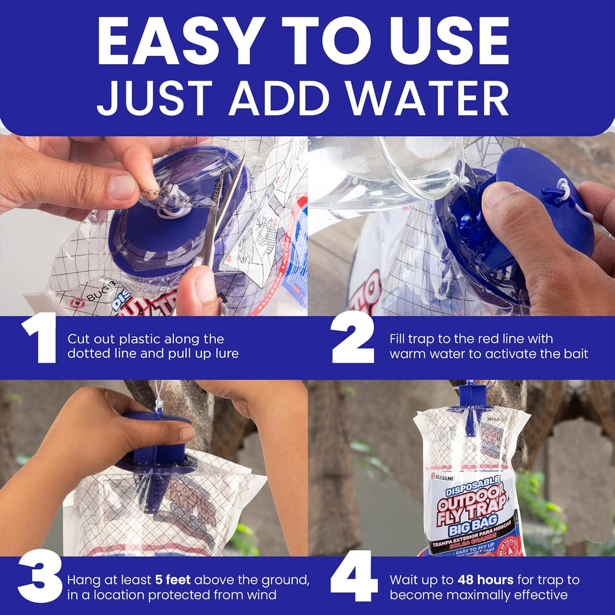 Fly Traps Outdoor Fly Trap for Patio. 4 Large Non-Toxic Pre-Baited Flies Bags Outdoor Disposable.