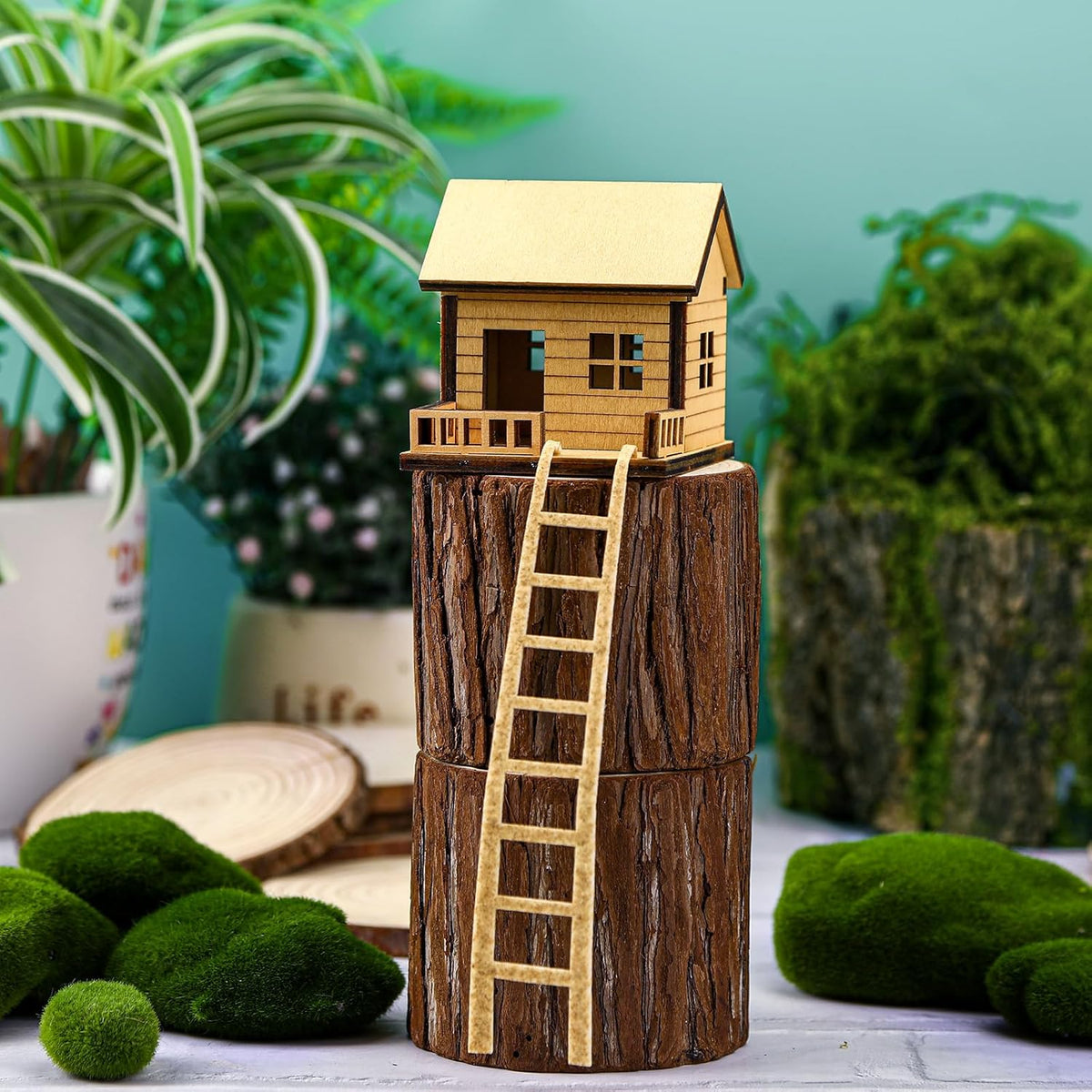 Mini Wooden Treehouse with Ladder – Plant Mini Treehouse, Miniature Flower Pot Tree House, Fairy