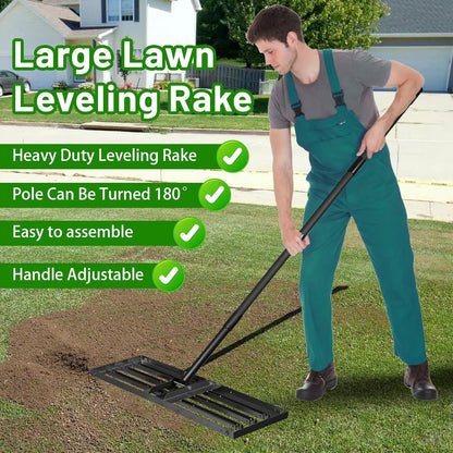 Lawn Leveling Rake 34"x9.5",Lawn Leveling Tool with 68" Long Adjustable Stainless Steel Handle for