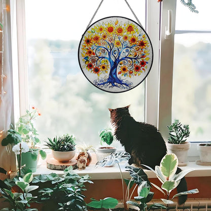 Tree of Life Stained Glass Window Hanging, Sunflower Tree Sun Catchers Indoor Window, 9.8''