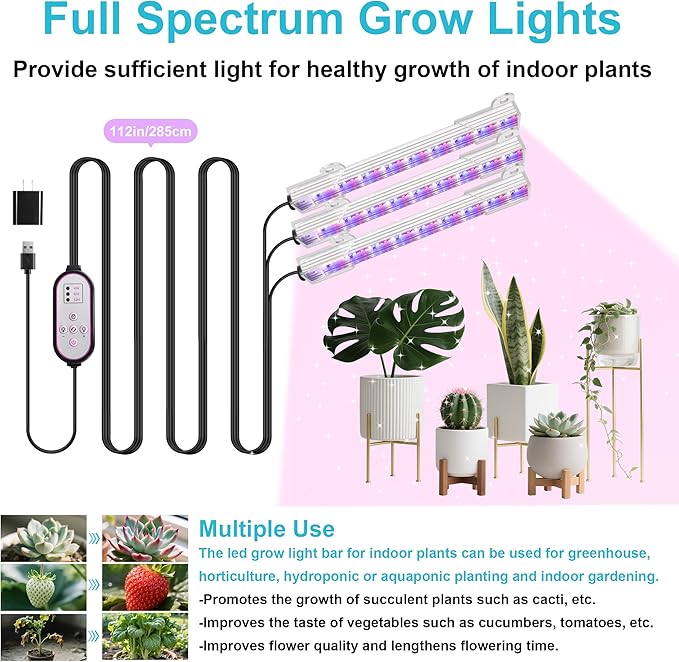 7.8'' LED Grow Light Strips, Grow Lamps for Indoor Plants Full Spectrum, Plant Light with 4/8/12H