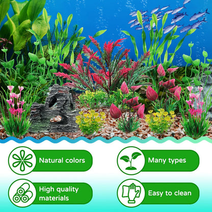 Fish Tank Accessories Aquarium Plants, 12pcs Colorful Fish Tank Artificial Plants and Cave Rock