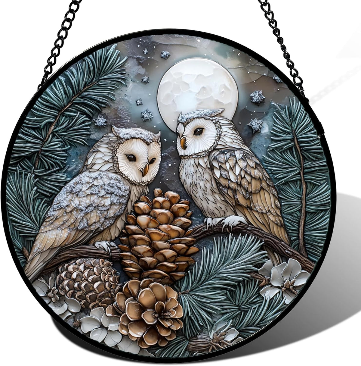 Stained Glass Window Hanging - Owl On A Tree Suncatcher for Doors Garden Patio Winter Scene Sun