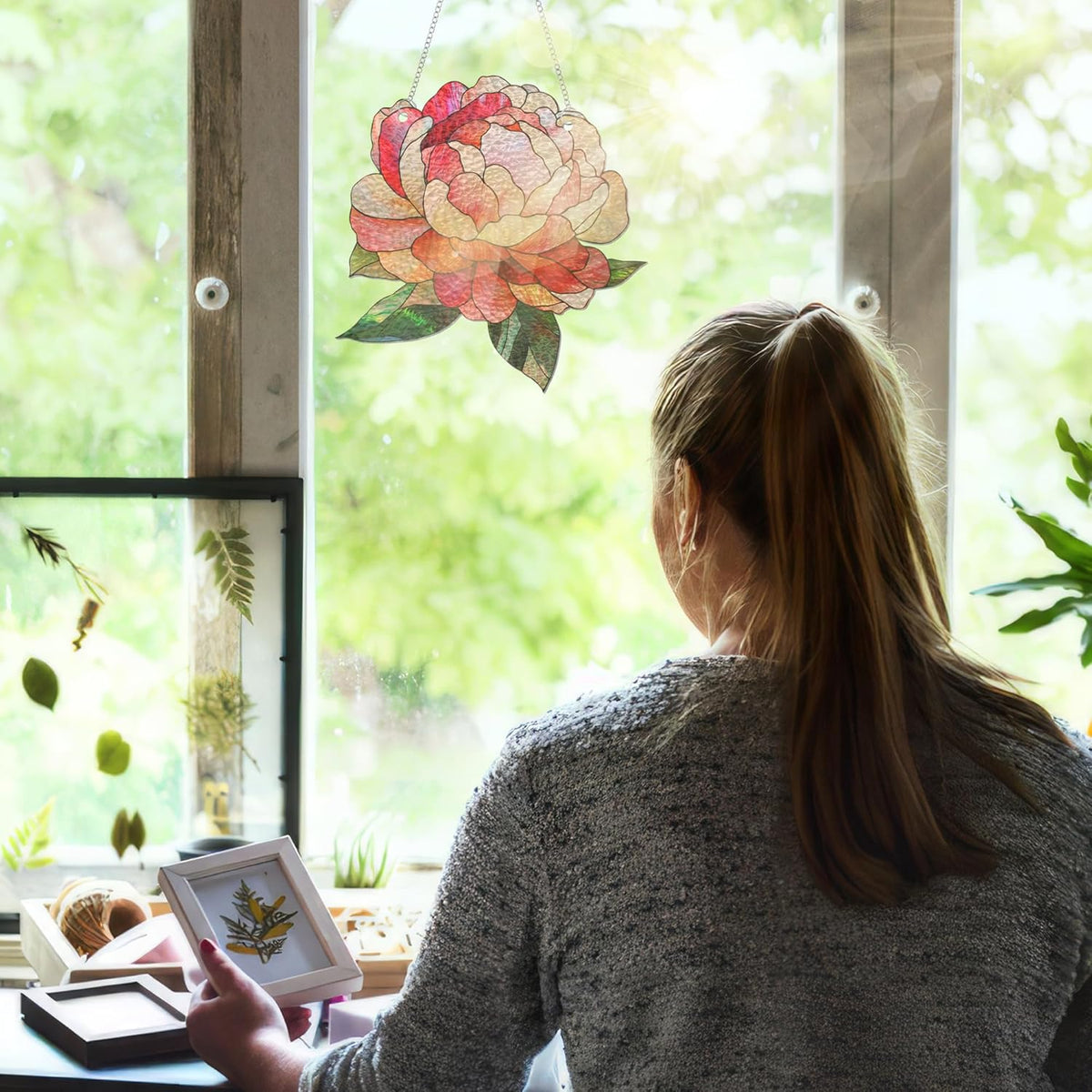 FLAGWIX Christmas Peony Flowers Gifts for Grandma - Stained Glass Window Hanging 10 in - Birthday