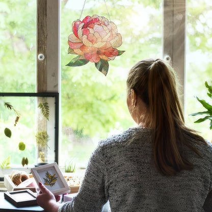 FLAGWIX Christmas Peony Flowers Gifts for Grandma - Stained Glass Window Hanging 10 in - Birthday