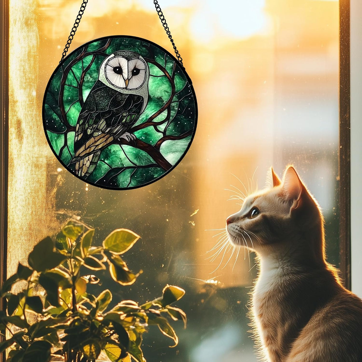 Stained Glass Window Hanging 4 Pcs Set Green Forest Night Sky Wildlife 6.3" - Suncatcher Door
