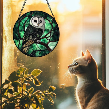 Stained Glass Window Hanging 4 Pcs Set Green Forest Night Sky Wildlife 6.3" - Suncatcher Door