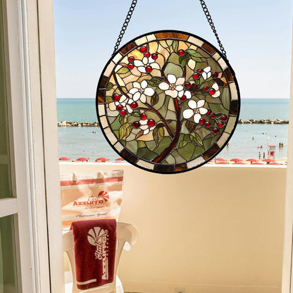 CRIS GIF Stained Glass Window Hanging - Hawthorn Tree Birth Flowers Suncatcher for Doors Garden