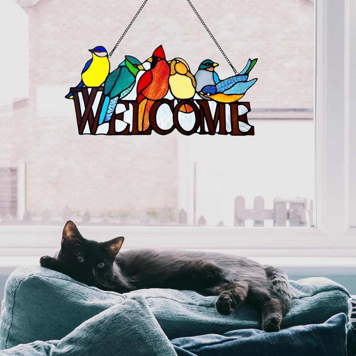 6 Birds Stained Glass Welcome Sign for Front Door Window Hanging Suncatcher, Handmade Tiffany Style
