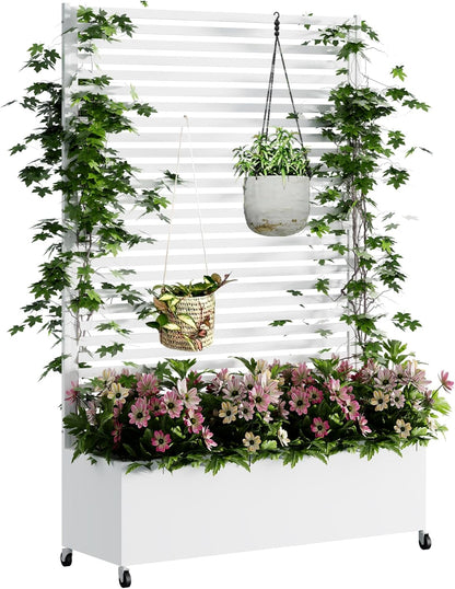 Metal Planter Box with Trellis Privacy Screen, Raised Garden Bed with Trellis & Wheels, Privacy