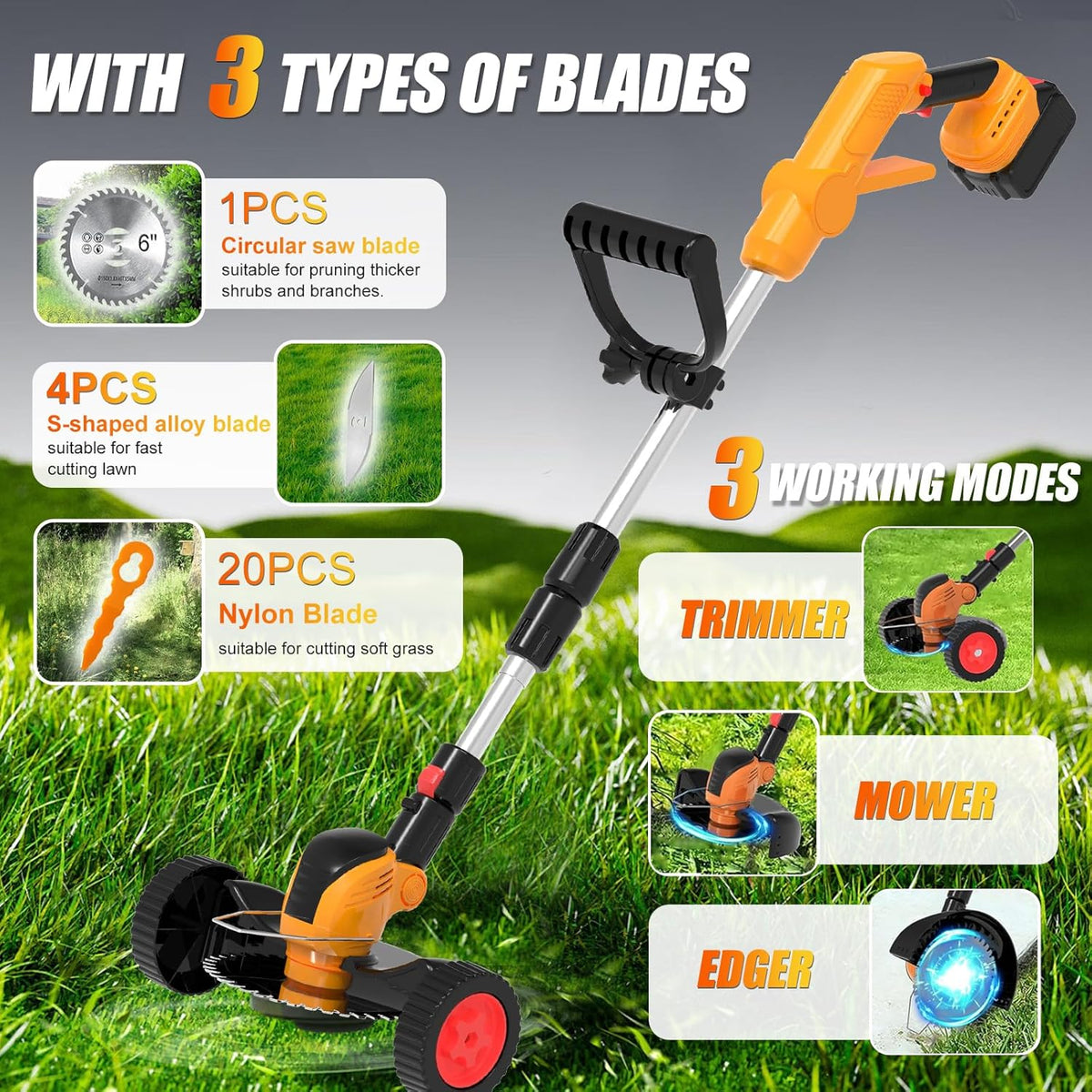 Electric Weed Wacker Eater Cordless String Trimmer Battery Powered, 21V/4000mAh Grass Trimmer