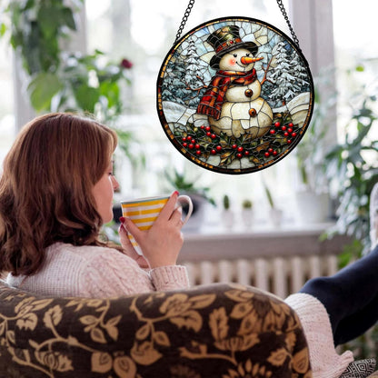 Stained Glass Window Hanging - Christmas Snowman Suncatcher for Door Terrace Garden Home Decor