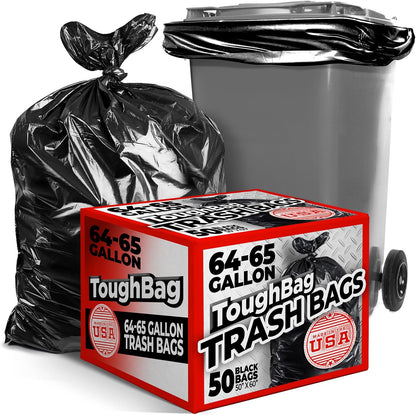 ToughBag 64-65 Gallon Trash Bags Heavy Duty, 50 x 48” Large Black Garbage Bags (50 Count) - Made In