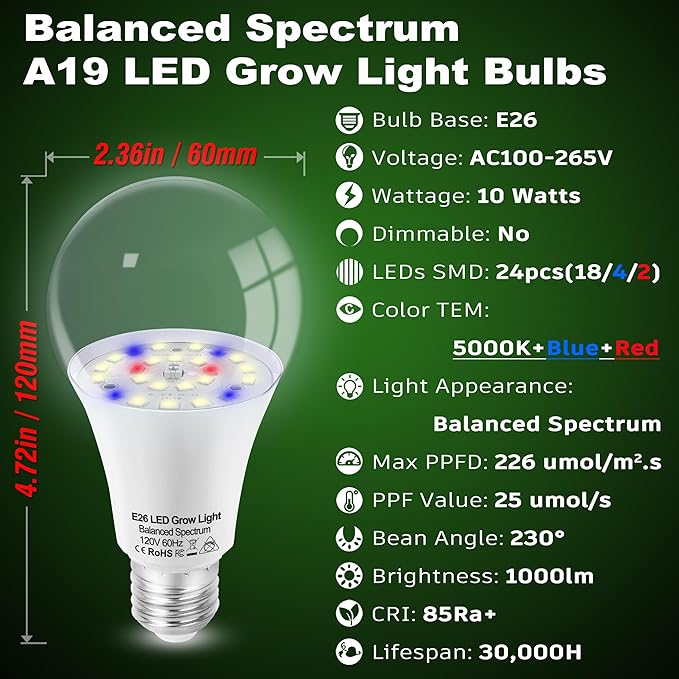 E26 A19 LED Plant Grow Light Bulbs Indoor Plants Full Spectrum,LED Sun Light Bulbs Plant Growing