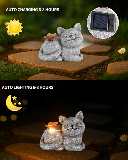 Solar Cat Garden Statue with Butterfly Light – 5-Inch Outdoor Resin Figurine for Yard, Patio