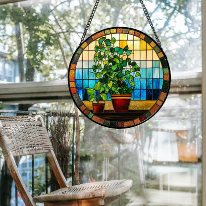 Stained Glass Window Hanging Green Potted Plants Large 11.8" - Suncatcher Door Garden Sun Catcher