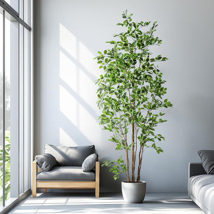 Artificial Ficus Tree Indoor 8ft, Large Potted Faux Tree with Realistic Silk Leaves & Trunk for