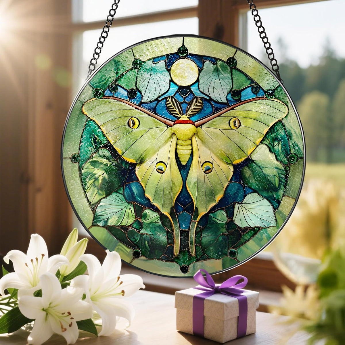 Luna Moth Sun Catcher, 8 Inch Stained Glass Suncatcher, Stained Glass Window Hanging, Luna Moth