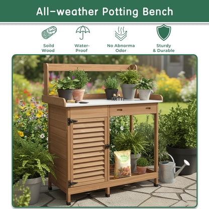Potting Bench Table Work Bench with Storage Cabinet Outdoor Wooden Garden Workstation with Metal