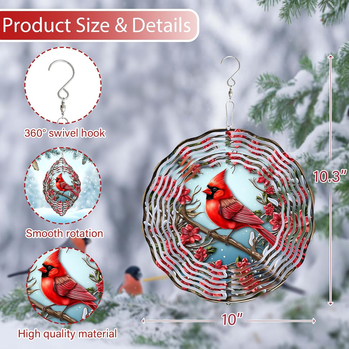 3D Red Cardinal Wind Spinner 10 Inch Stainless Steel Bird Wind Sculpture Kinetic Art Hanging
