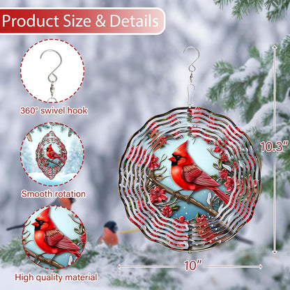 3D Red Cardinal Wind Spinner 10 Inch Stainless Steel Bird Wind Sculpture Kinetic Art Hanging