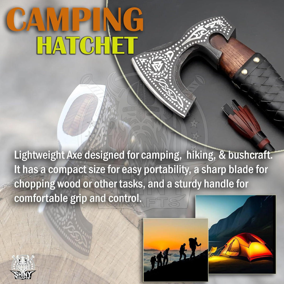 SHINY CRAFTS®- Engraved Viking Axe – Gift for Outdoorsman Hand-Forged Hatchet with Leather Wrap