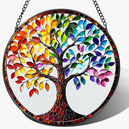 8'' Tree of Life Sun Catcher Ornament, Stained Glass Window Hanging, Suncatchers for Windows