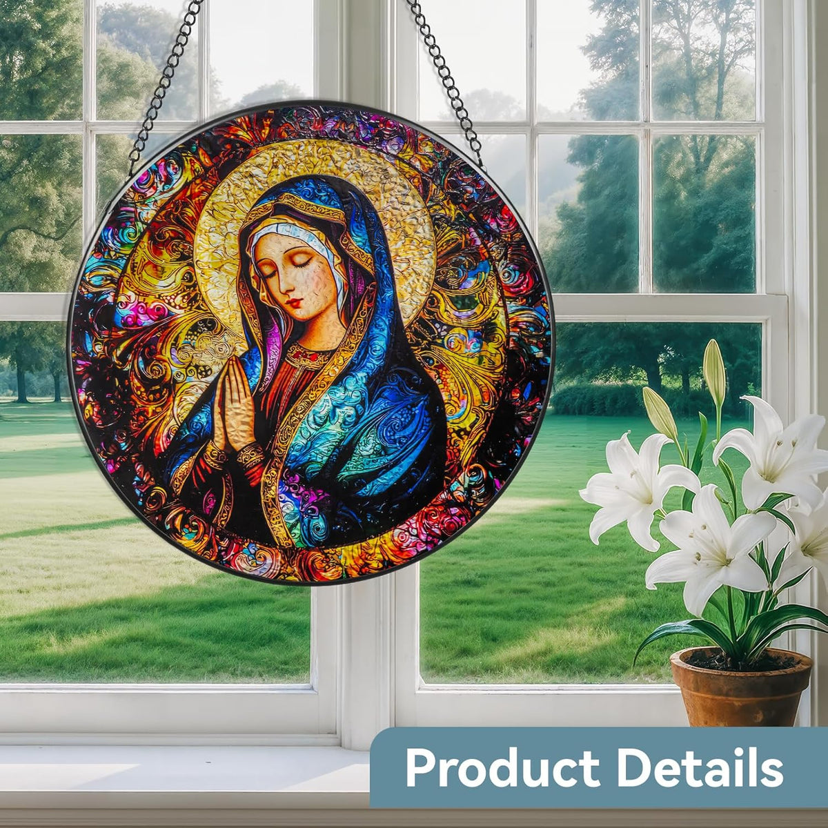 Suncatcher Stained Glass Window Hanging - Mother Mary Glass Panel with Metal Chain and Hooks