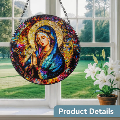 Suncatcher Stained Glass Window Hanging - Mother Mary Glass Panel with Metal Chain and Hooks