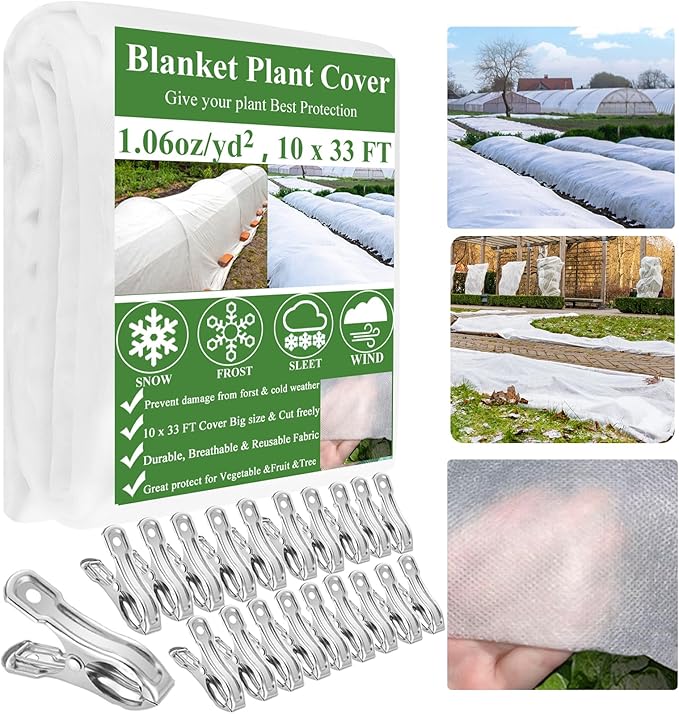 Plant Covers Freeze Protection 10 x 33Ft with 20 Stainless Steel Clips- Frost Cloths Plant Blankets