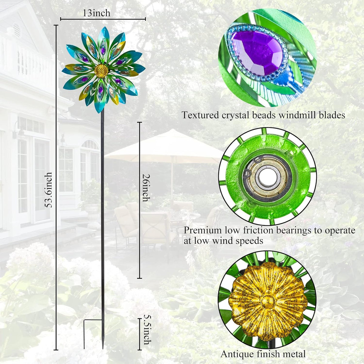 53 Inch Wind Spinner - Outdoor Metal Peacock Wind Sculptures for Garden, Patio, Yard, Lawn
