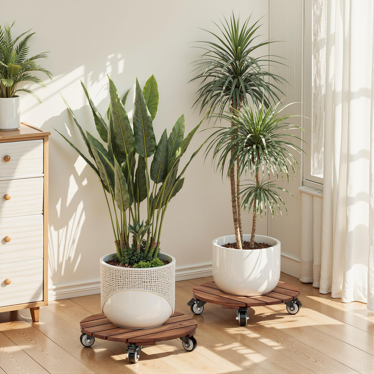IDZO 2pack Wood Plant Caddy With Wheels Heavy Duty Red Brown, 264 Lbs Capacity, 12 Inch Acacia