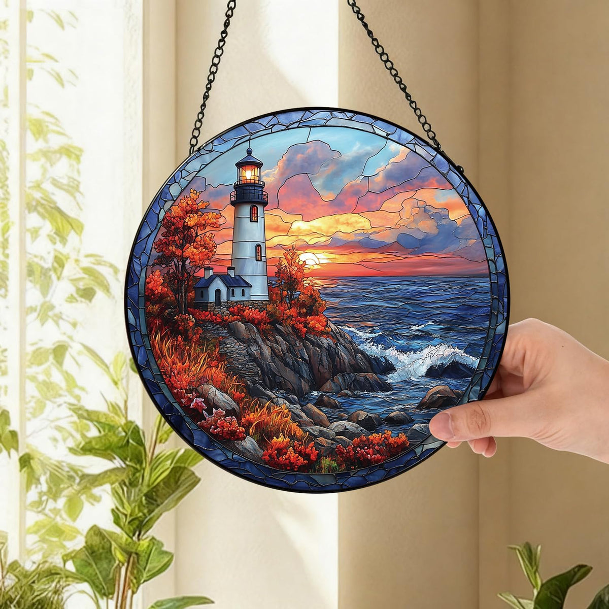 Coastal Lighthouse in Autumn Suncatcher -7.9 in Stained Glass Window Hanging Sun Catcher Garden