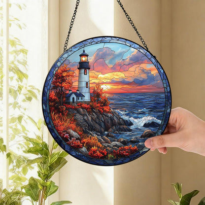Coastal Lighthouse in Autumn Suncatcher -7.9 in Stained Glass Window Hanging Sun Catcher Garden