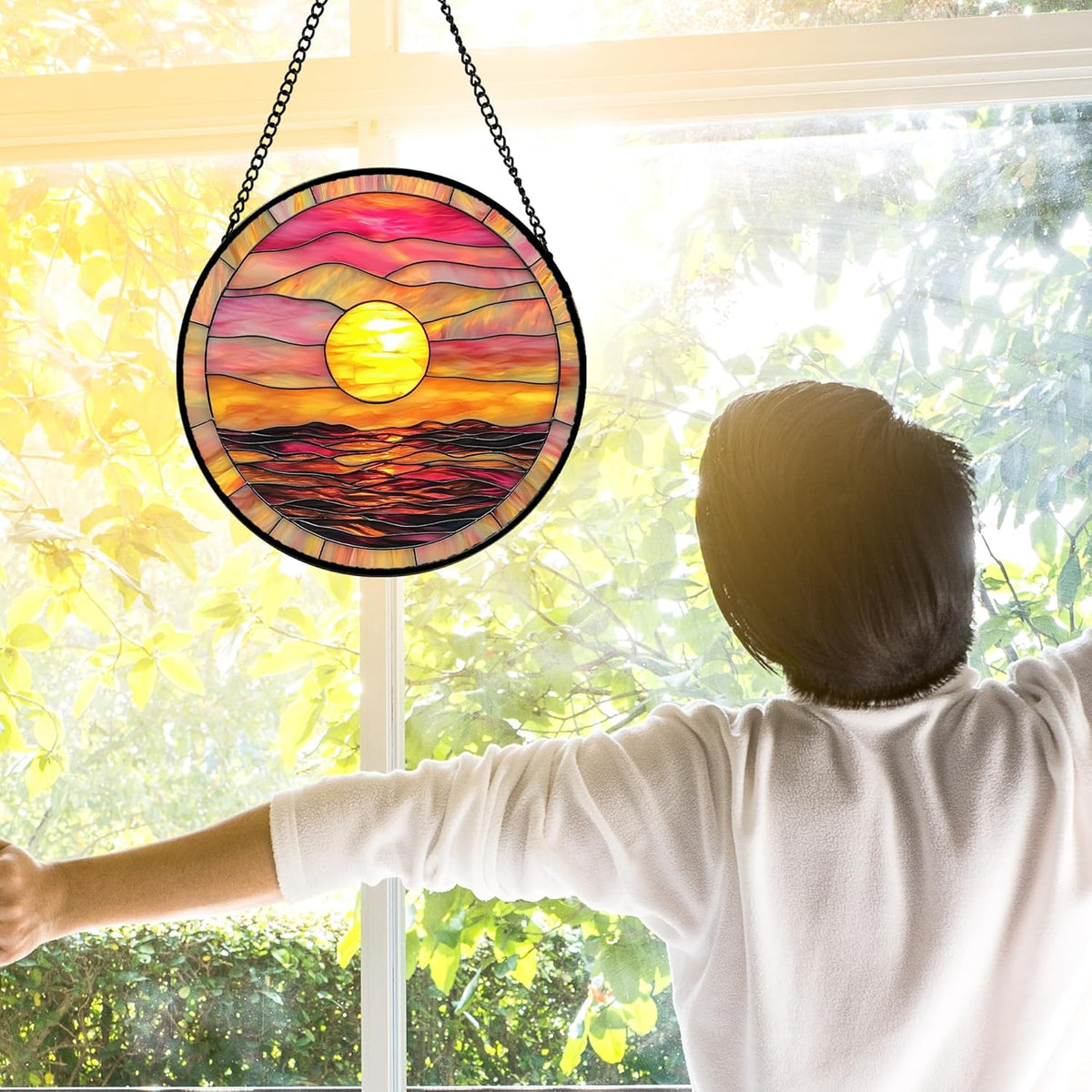 Stained Glass Window Hanging, Sunrise Sea Surface Sun Catchers Diamond Glass Panel Hangings