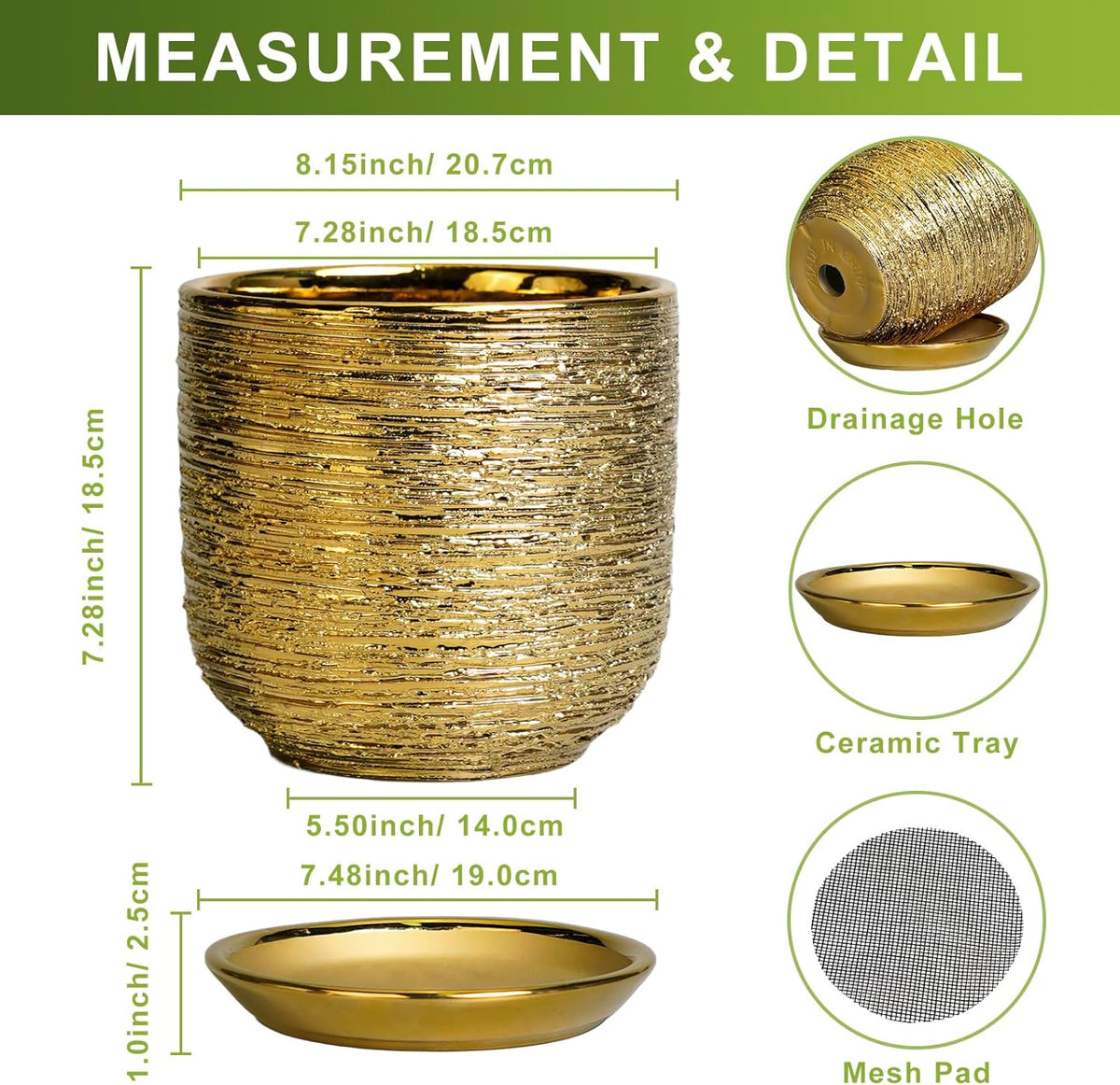 8 Inch Plant Pot - Ceramic Planter with Drainage Hole and Saucer, Modern Round Planter for Indoor