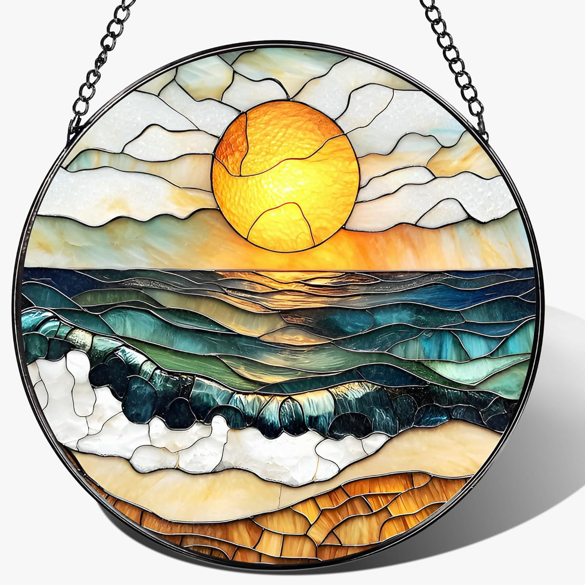 8-Inch Stained Glass Ornament, Stained Glass Window Hanging, Window Hanging Decor Suncatcher, Beach